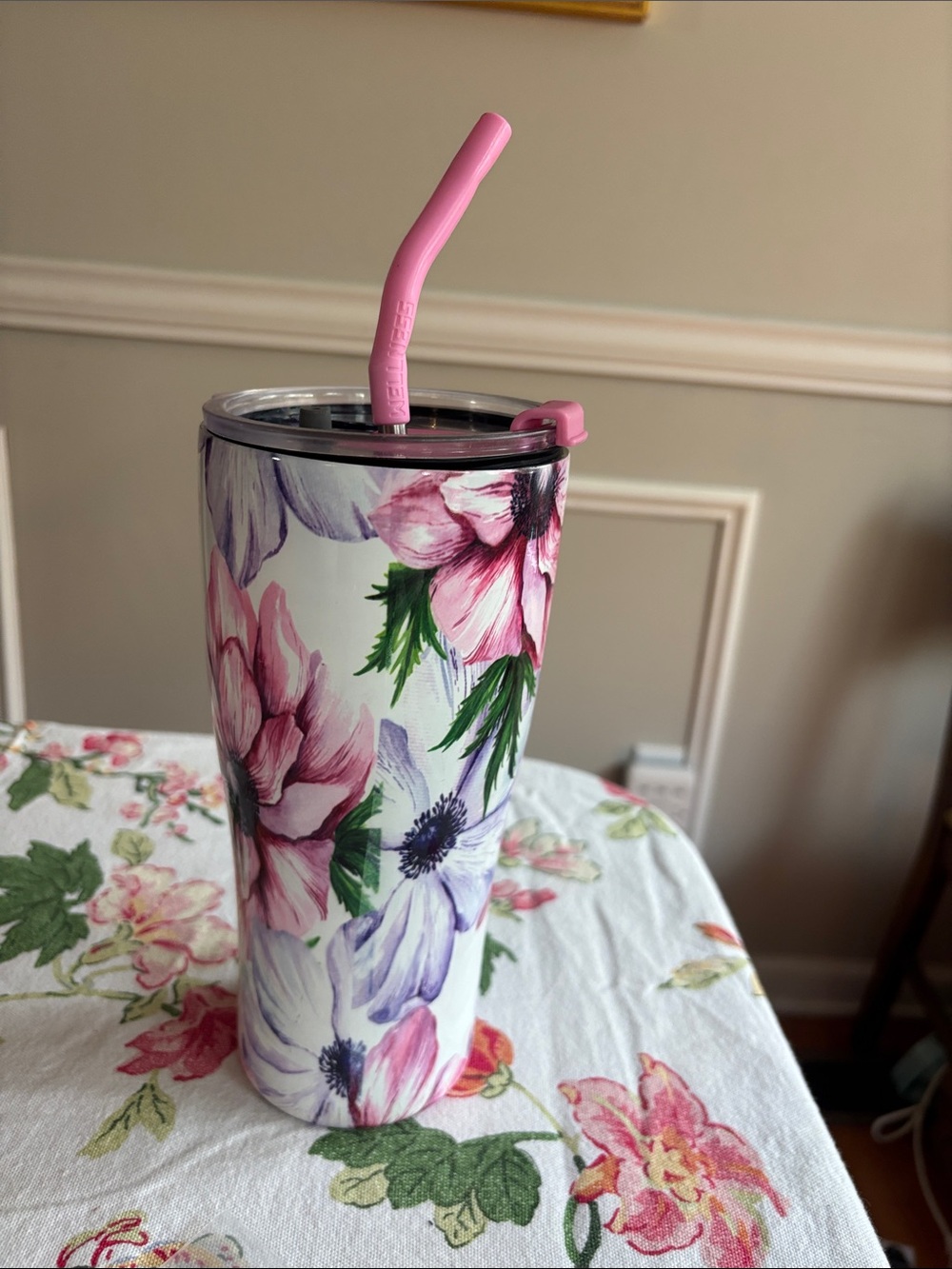 Wellness Floral Pink Travel Tumbler with Straw - Insulated Stainless Steel